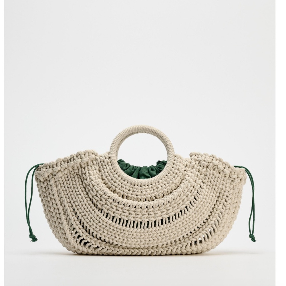 Zara Cream and Green Tote with Intricate Design
